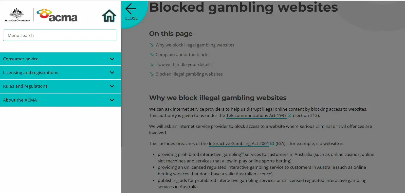 ACMA blocked gambling websites page explaining prohibited interactive gambling services including online casinos and online slots