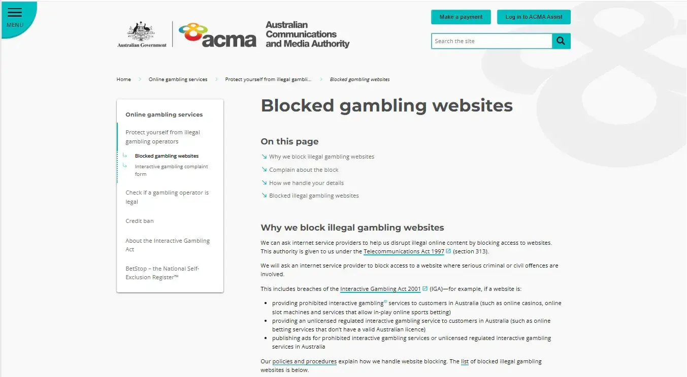 ACMA guidance about blocked gambling websites and prohibited online casino services