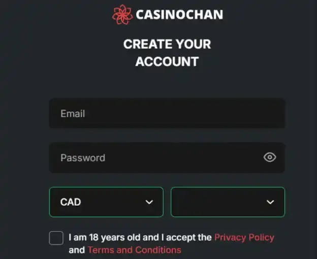 CasinoChan Australian sign-up form showing account registration fields and country or currency controls