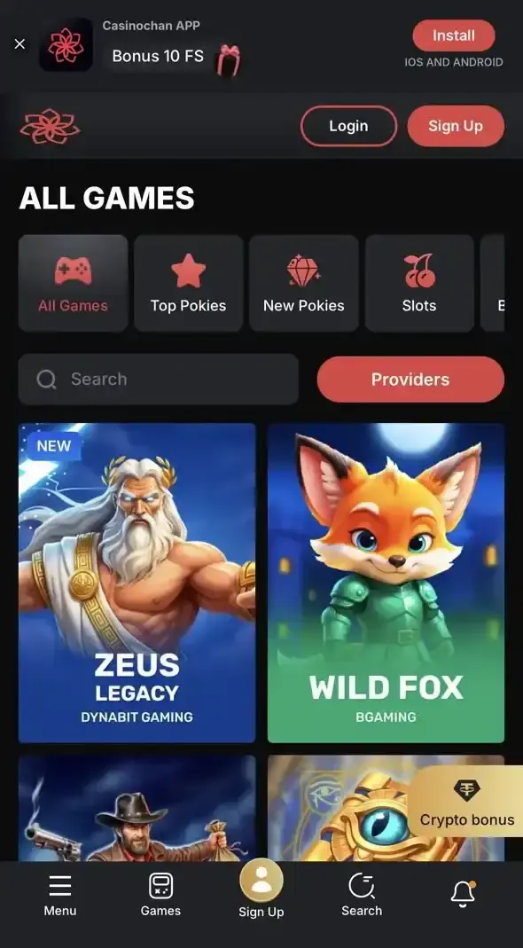 CasinoChan Australian website displayed in a mobile browser with responsive casino navigation
