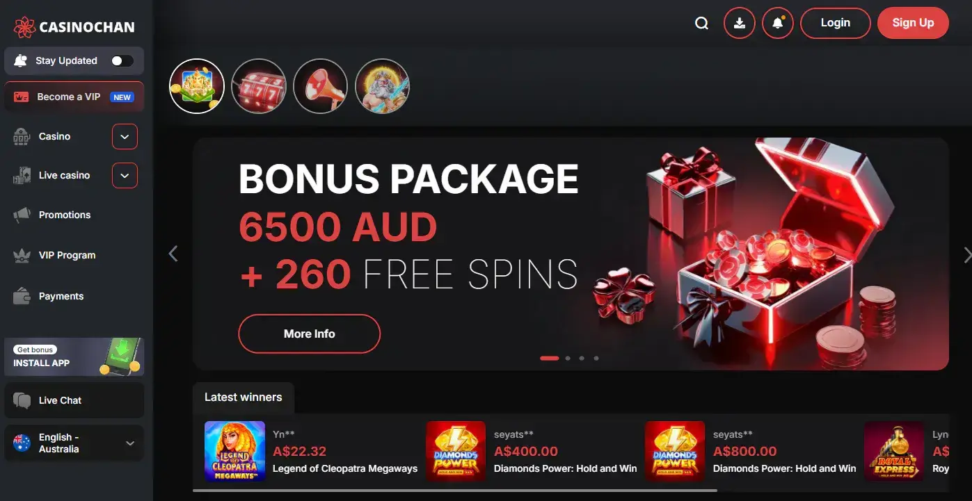 CasinoChan English-Australia homepage showing AUD localisation and promotional values