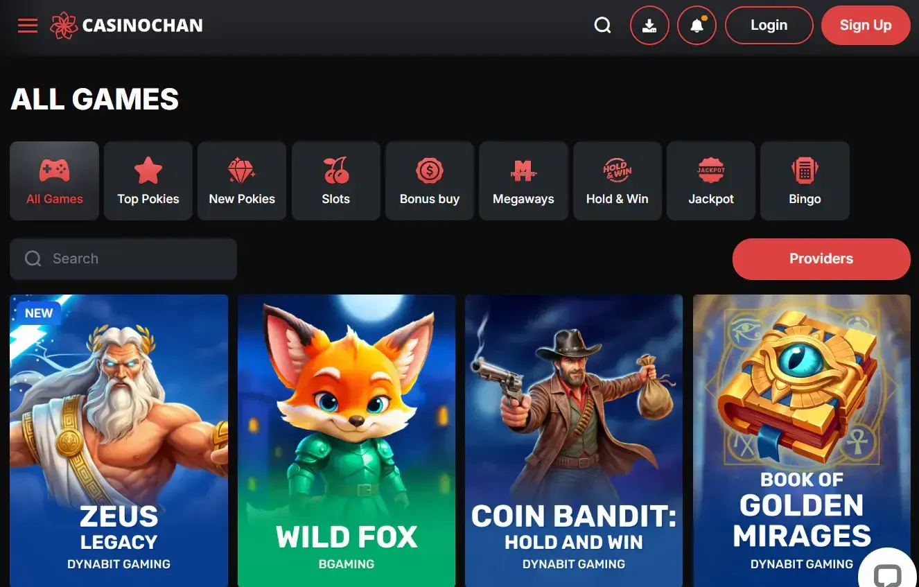 CasinoChan games lobby showing pokies, slots and category navigation