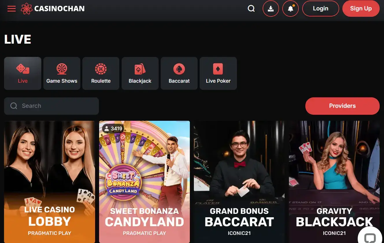 CasinoChan live casino lobby showing current live dealer categories