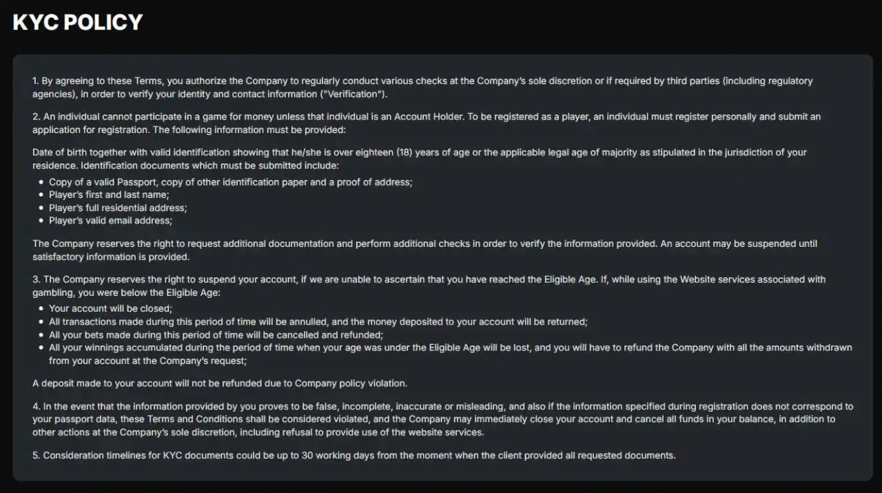 CasinoChan Terms section showing identity verification and KYC document requirements