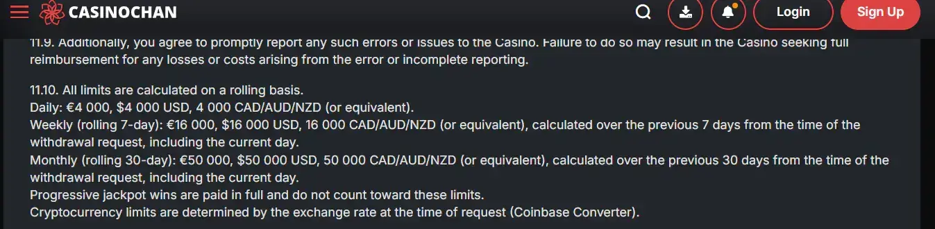 CasinoChan Terms withdrawal section showing the 72-hour processing target and rolling AUD limits