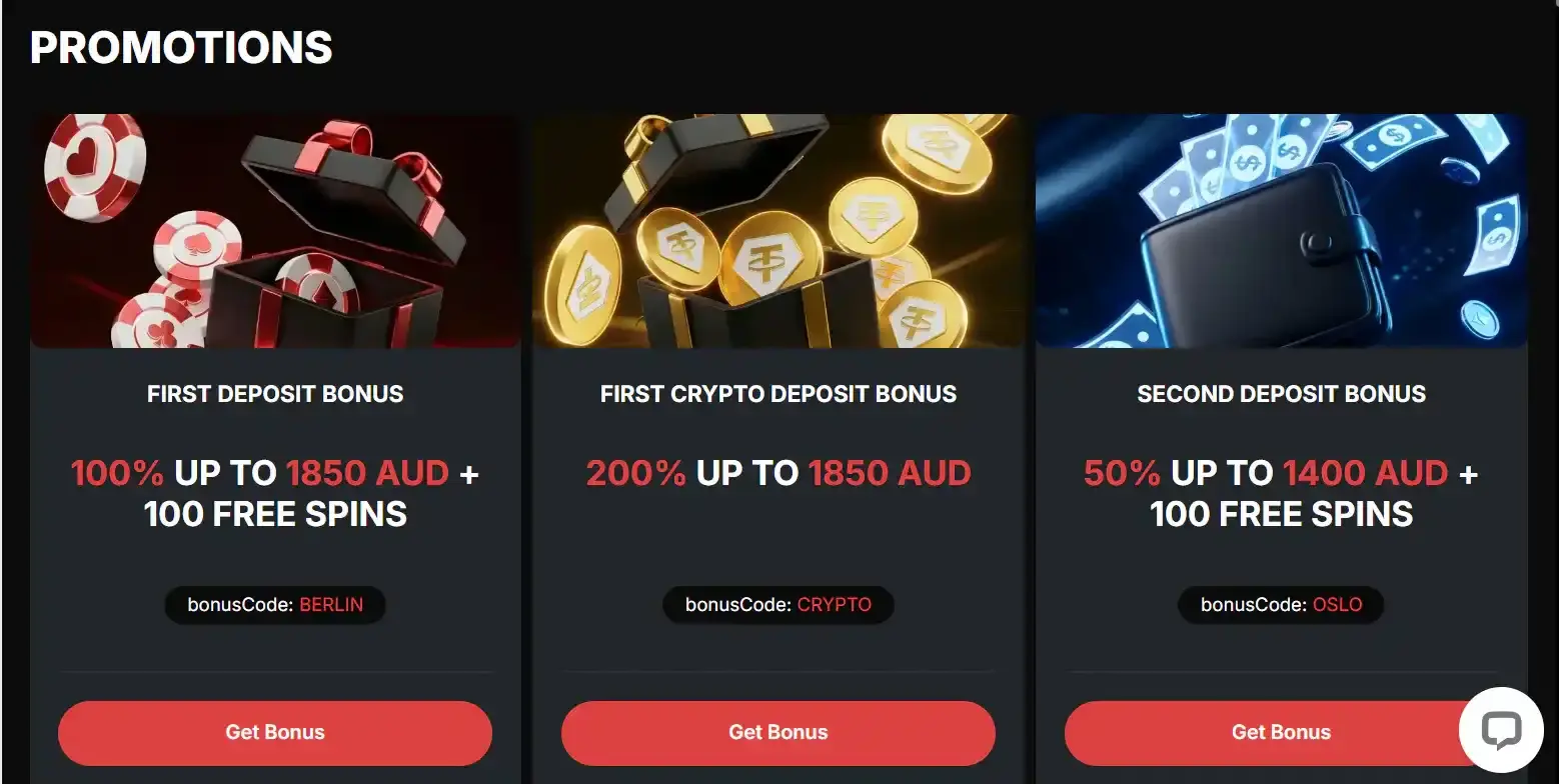 Current CasinoChan Australian promotions page showing the first-deposit offer