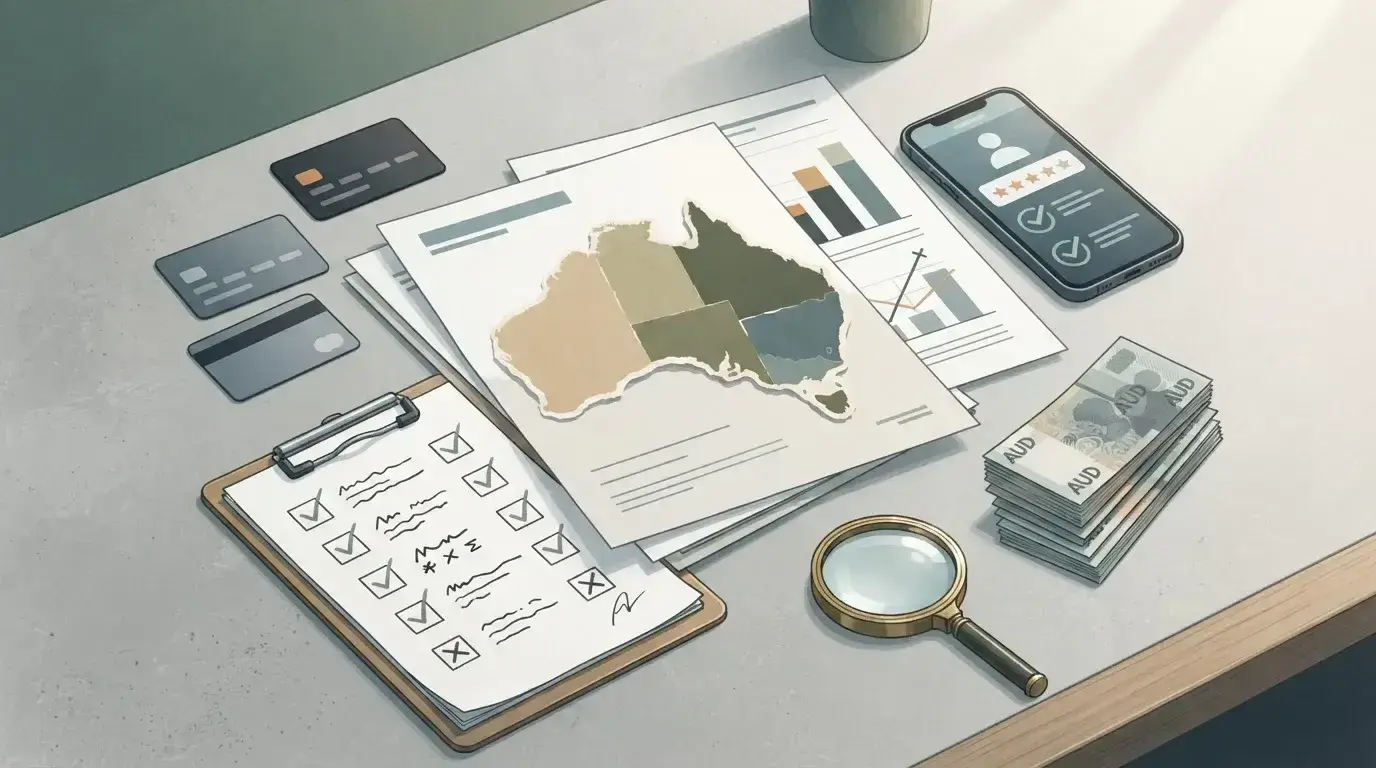 Editorial illustration of an Australian casino review workspace with AUD, payment and risk-check symbols
