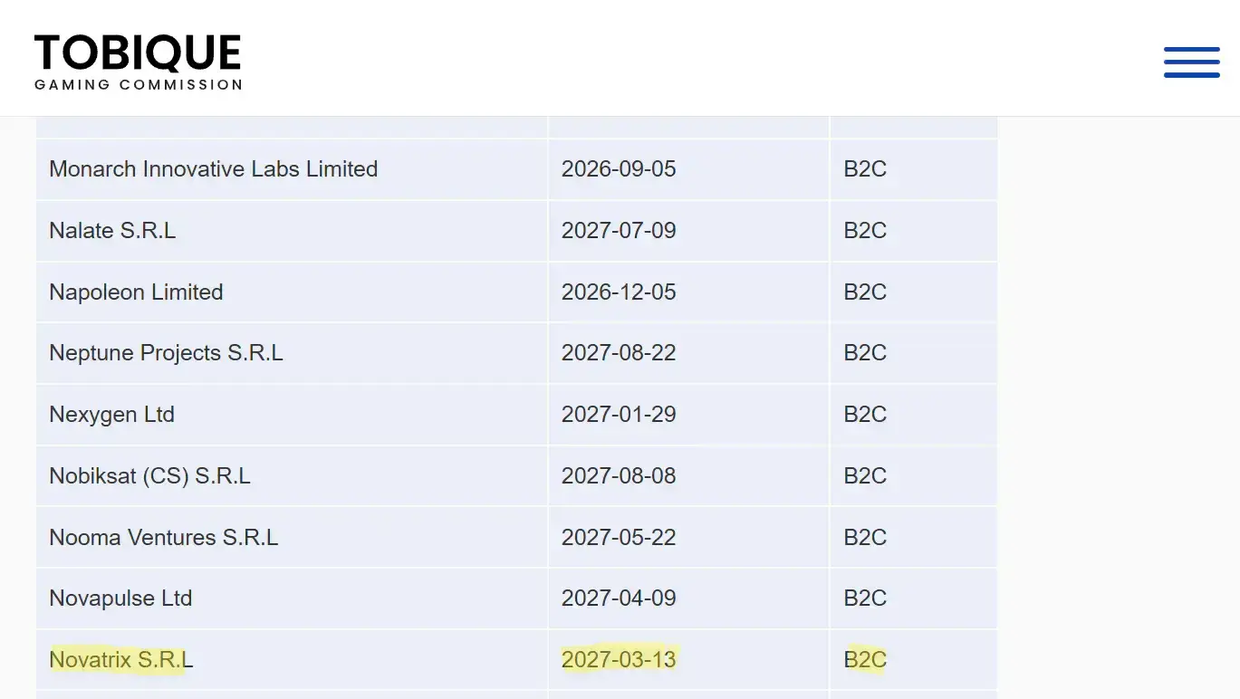 Tobique Gaming Commission licence-holder register entry showing Novatrix S.R.L. as a B2C licence holder